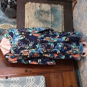 (L47) Navy Tropical Floral A line Long Sleeve Tie Neck Dress 2X